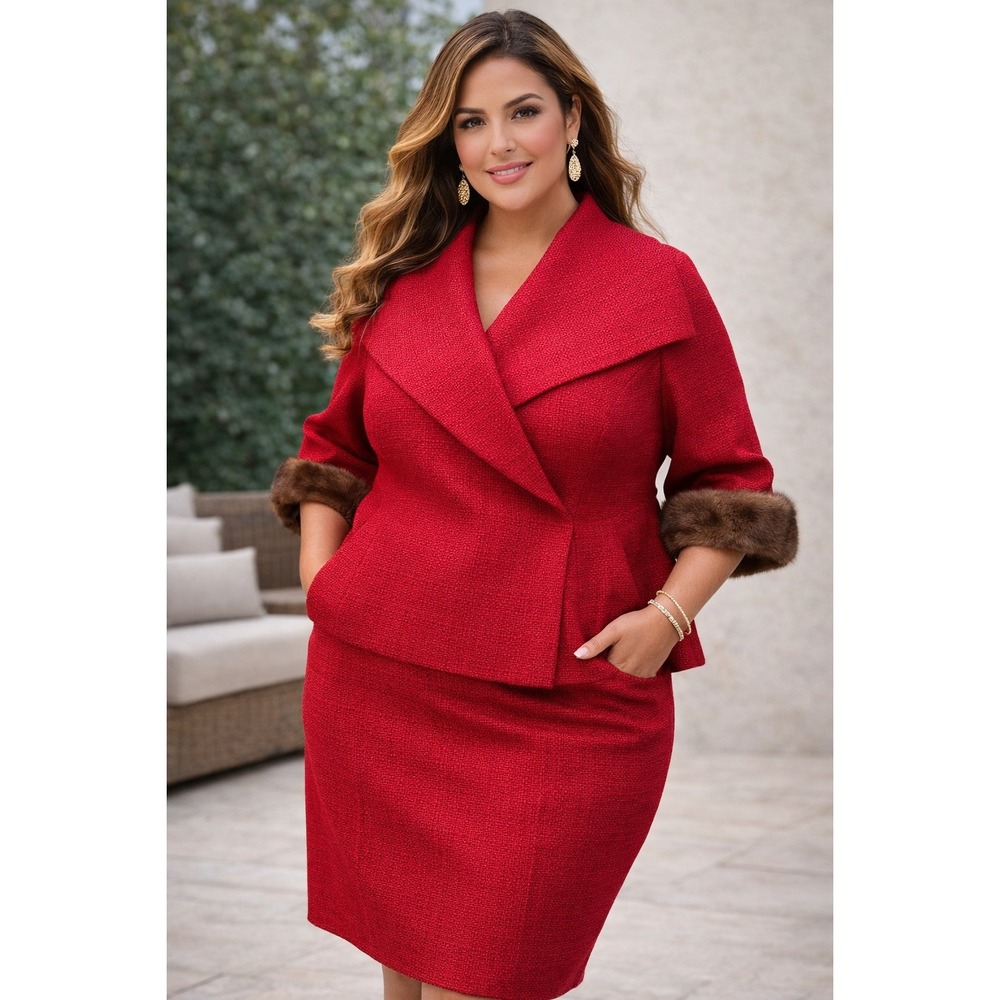Escada Skirt Suit Women 44/42 Red Wool‎ Mink Fur Wrap Jacket Pencil Skirt Set